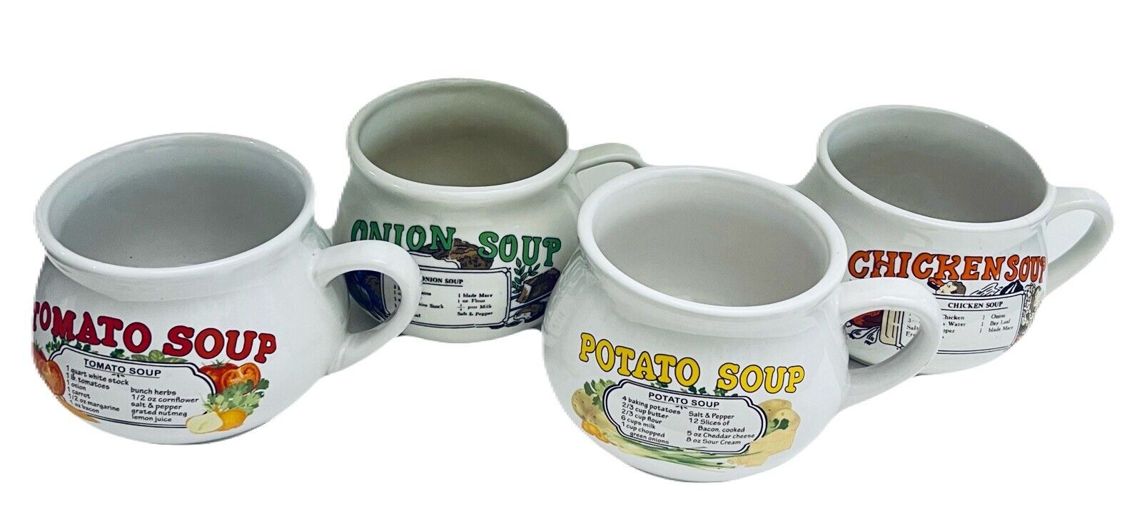 Vintage Retro Set of 4 Soup Recipe Handled Mugs Soup Bowls