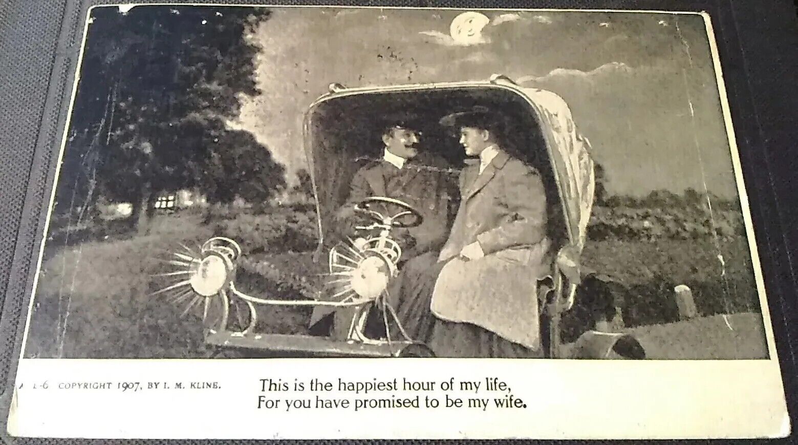 Couple in an Automobile ~ Man in The Moon Romance Novelty Vintage 1907 Postcard