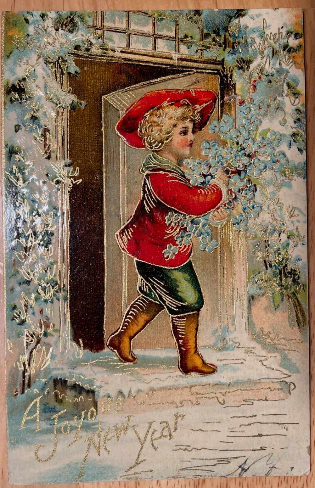 Vintage Victorian Postcard 1901-1910 A Joyous New Year - Dashing Boy in Red