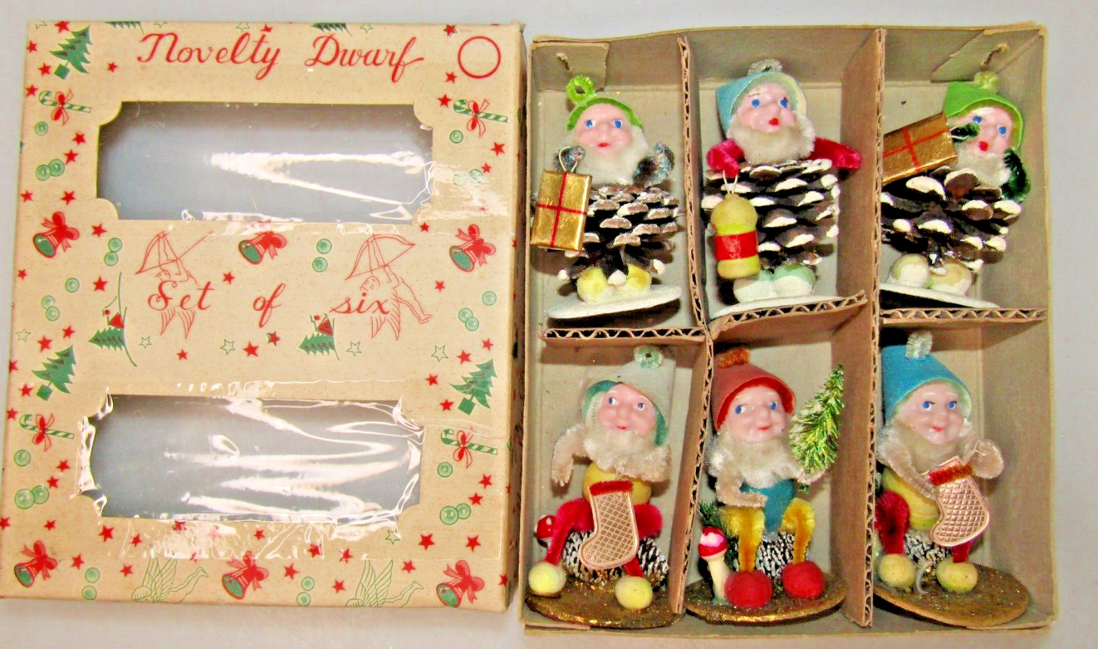 Vintage Novelty Dwarf Pinecone Chenille Band Christmas Ornaments Set w Box Japan