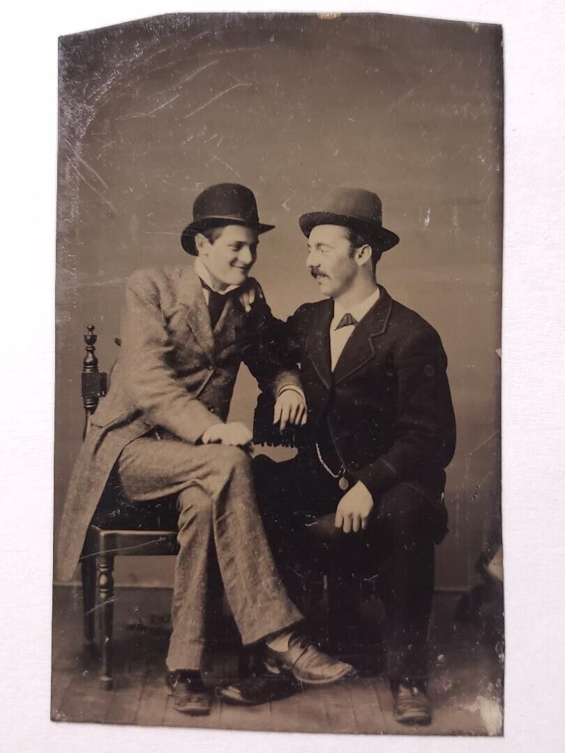 Antique Tintype Photo Men Each Other Affectionate Looking & Smiling Gay Interest