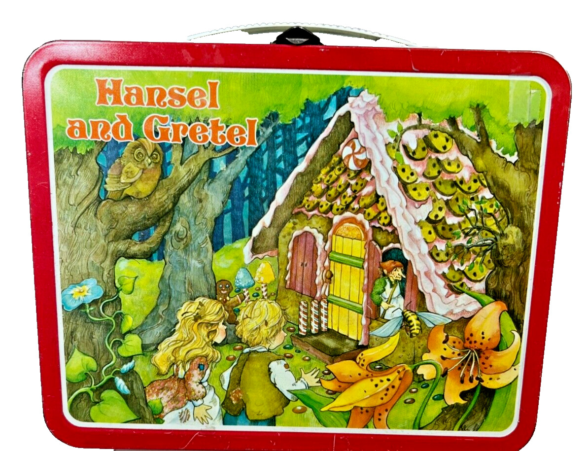 1982 Ohio Art Hansel and Gretel Steel Lunch Box with White Plastic Handle