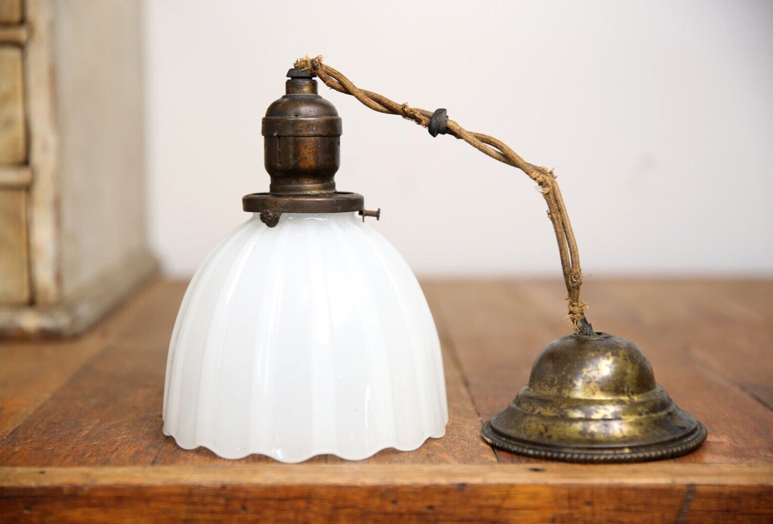 Vintage 1896 milk glass hanging lamp ceiling hall light brass socket industrial