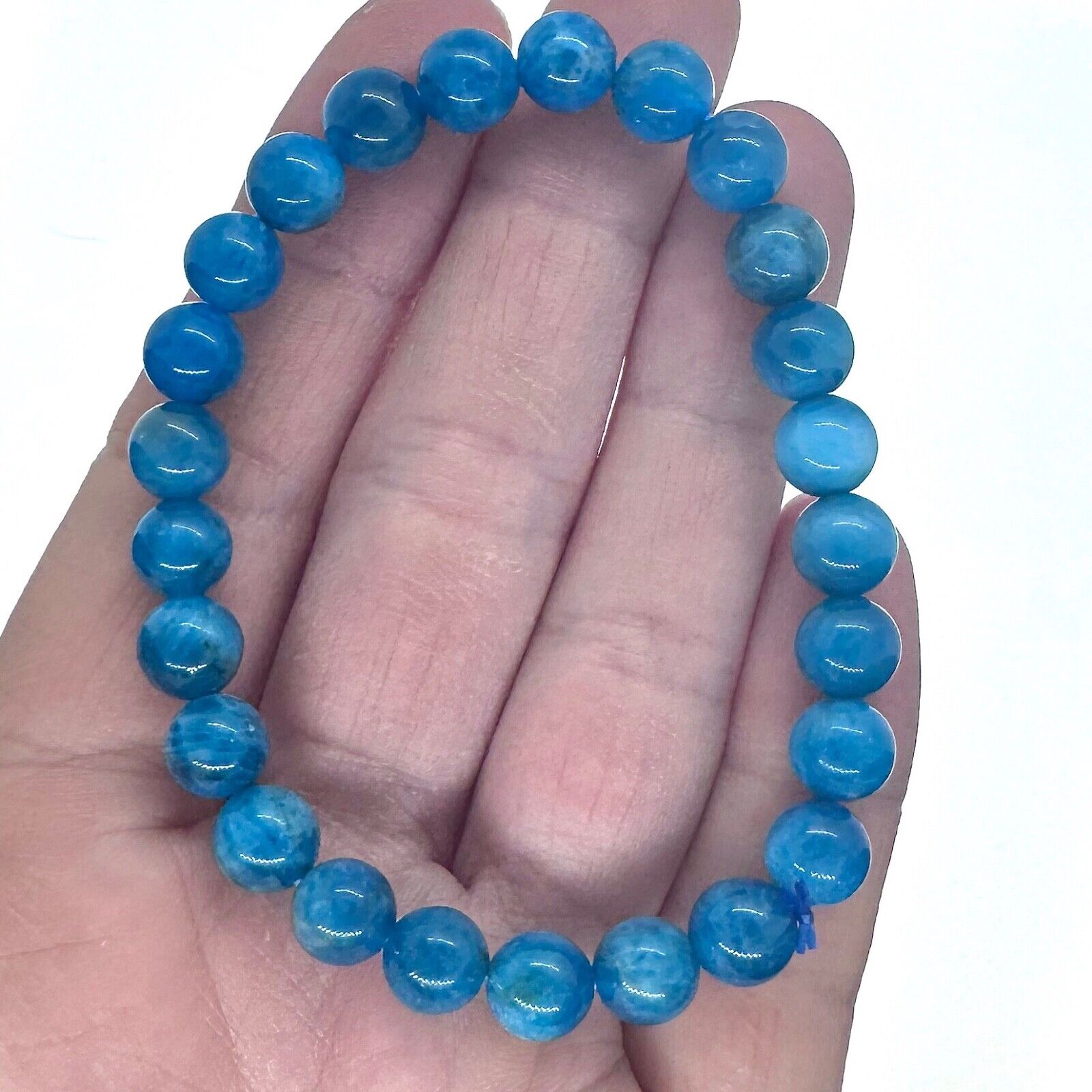 Natural Crystal 7mm Blue Apatite Polished Beaded Stretch Bracelet