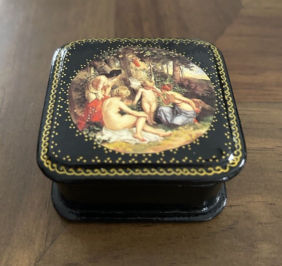 Vintage Miniature Painted Russian Lacquer Box 2.5” Angels Cherub Crying