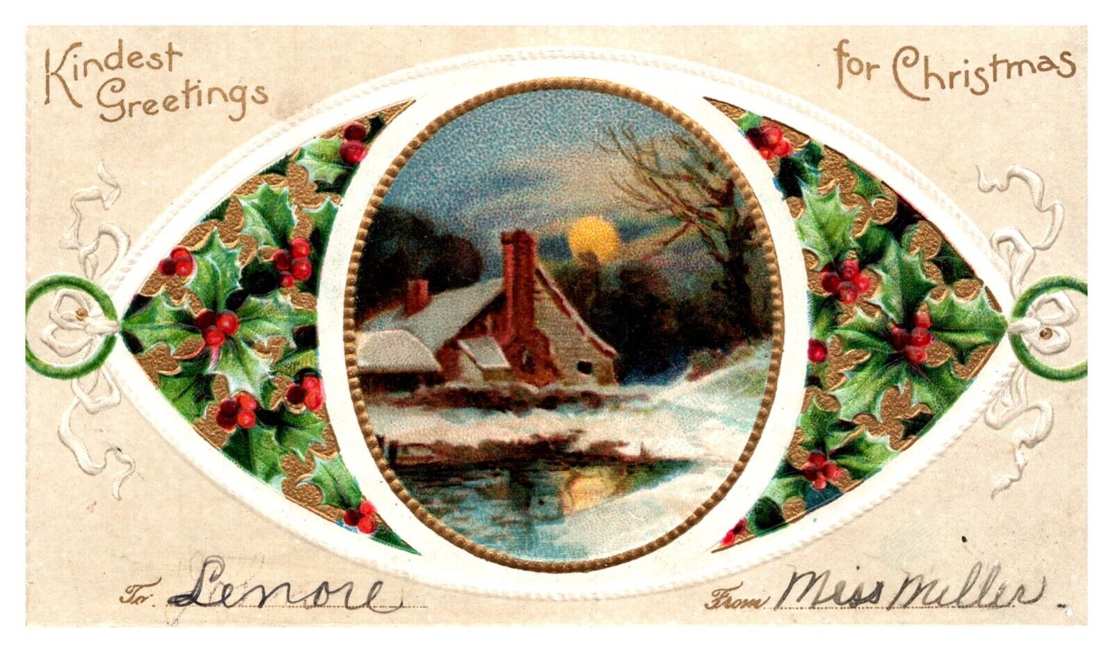 Vintage Postcard Christmas Snow Lake House Embossed