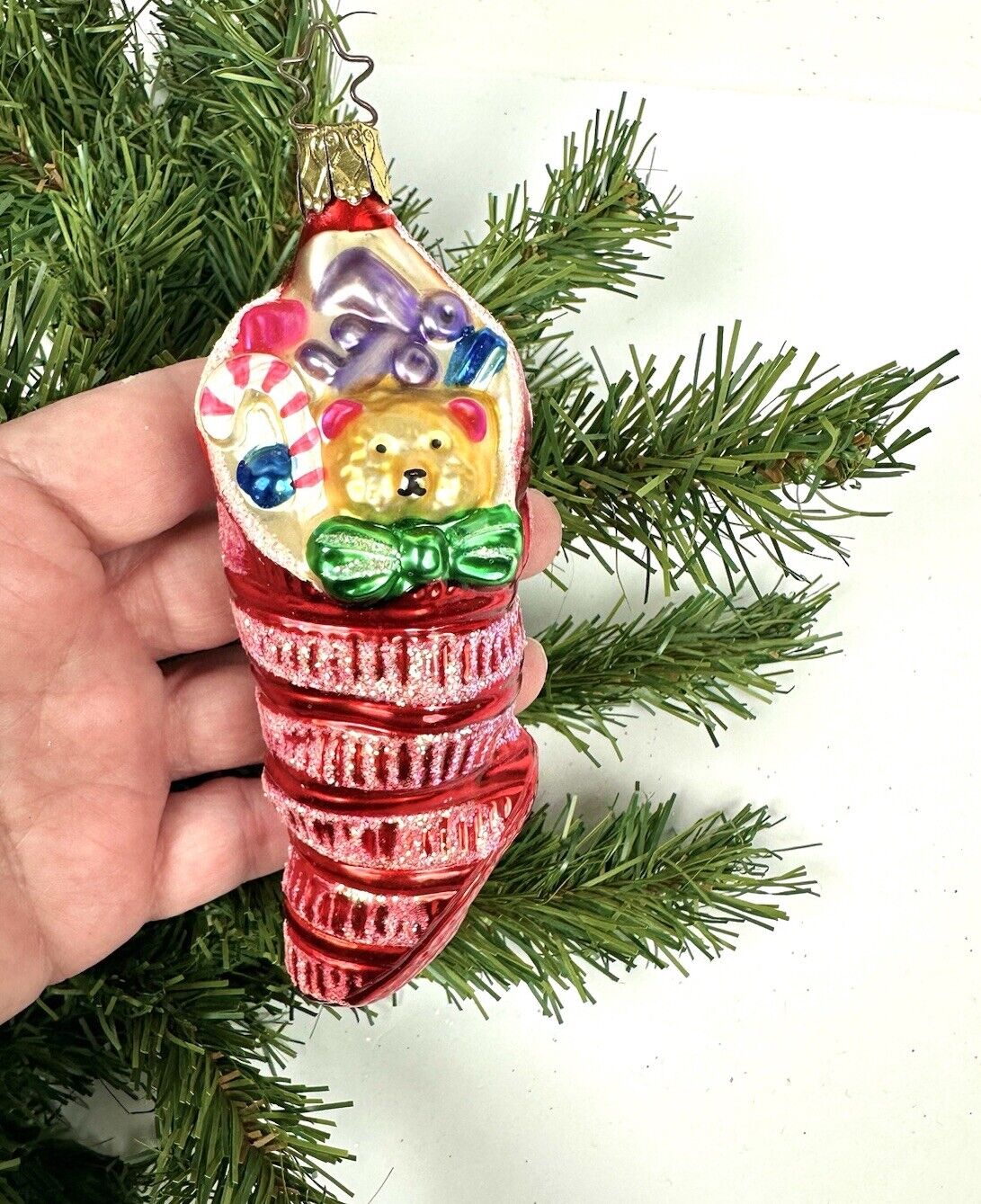 INGE GLAS Germany Glass Christmas Ornament Stocking with Gifts Blown