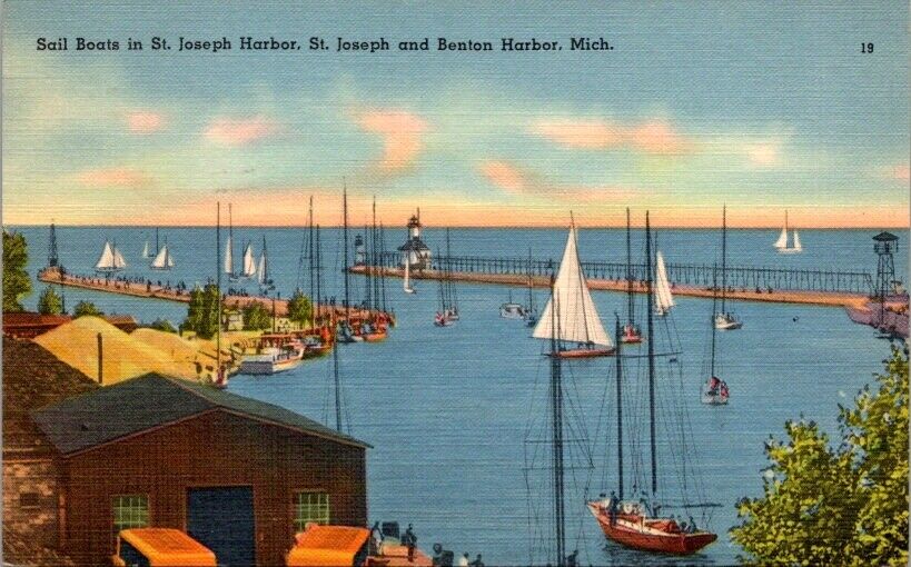 Vintage Postcard Sail Boats in St. Joseph & Benton Harbor Michigan MI 1938  R076