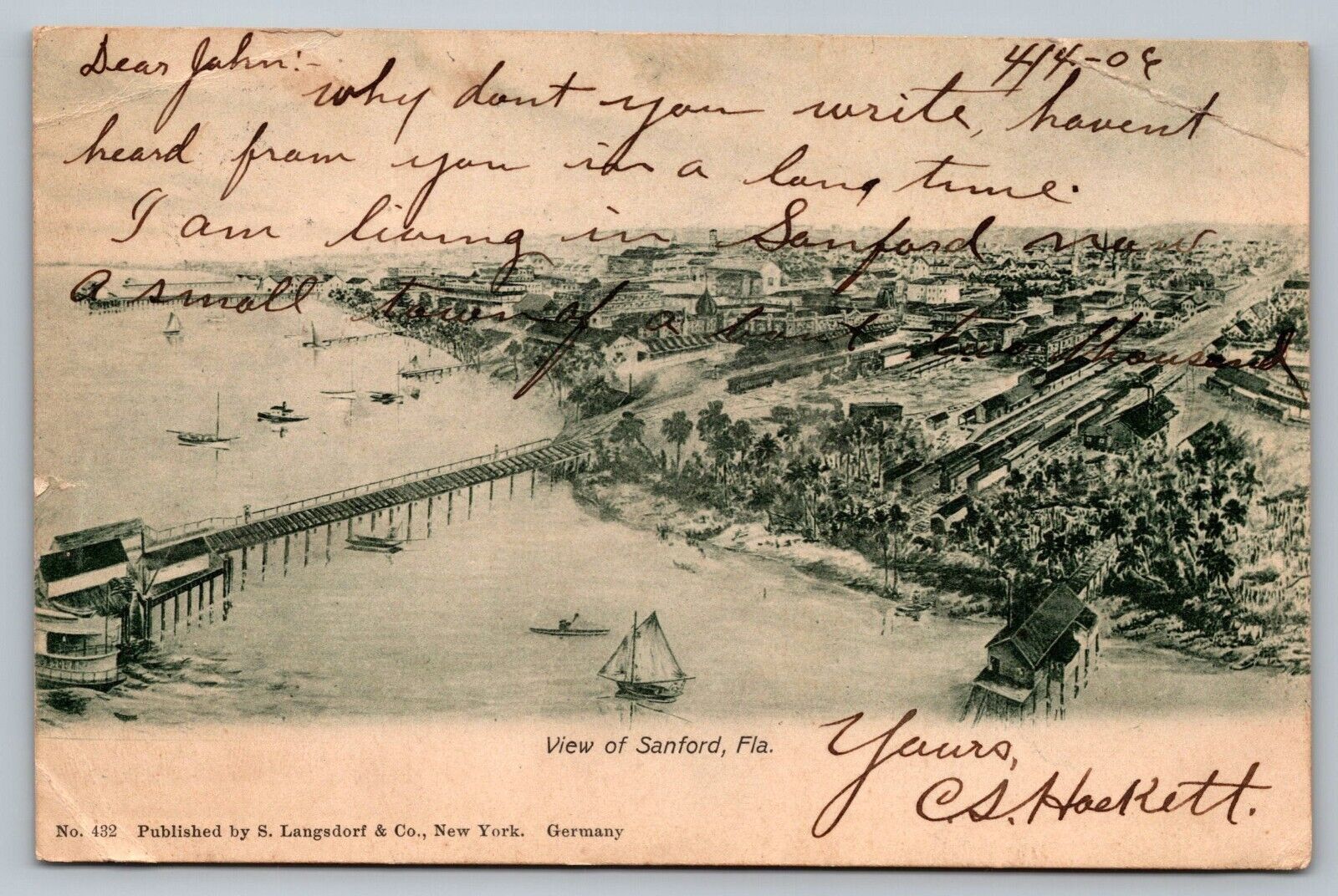 Postcard Birdseye View Sanford Harbor Bridge Florida FL c 906 UDB Antique