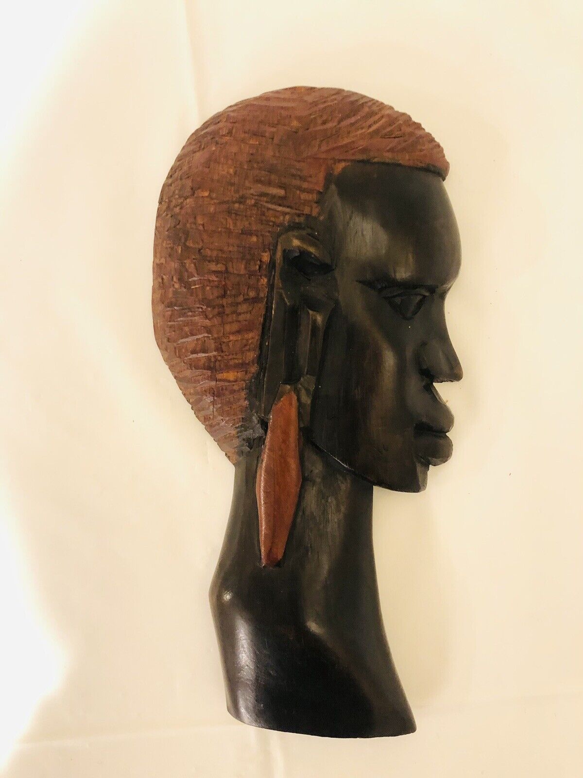 Vintage African hand carving wood wall hanging plaque woman head