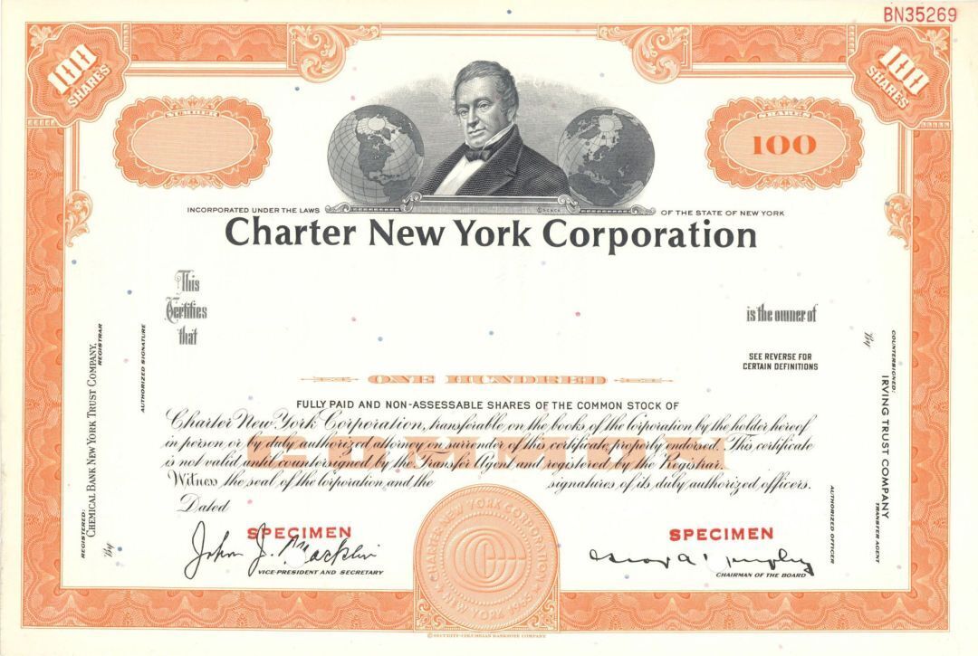 Charter New York Corp. - Specimen Stock Certificate - Specimen Stocks & Bonds
