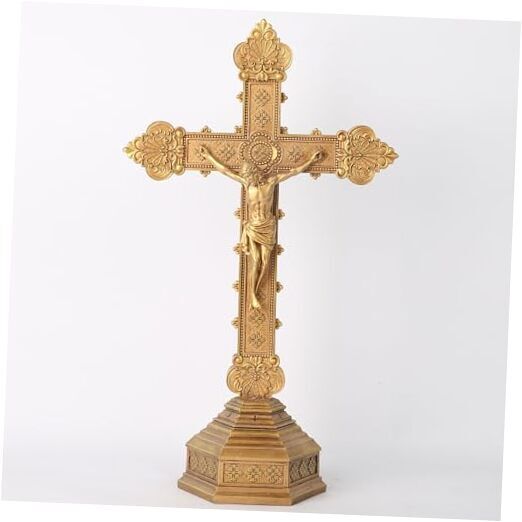 BC Catholic Crucifix Standing Cross, Religious Cross 14.7 inches H Shiny Gold