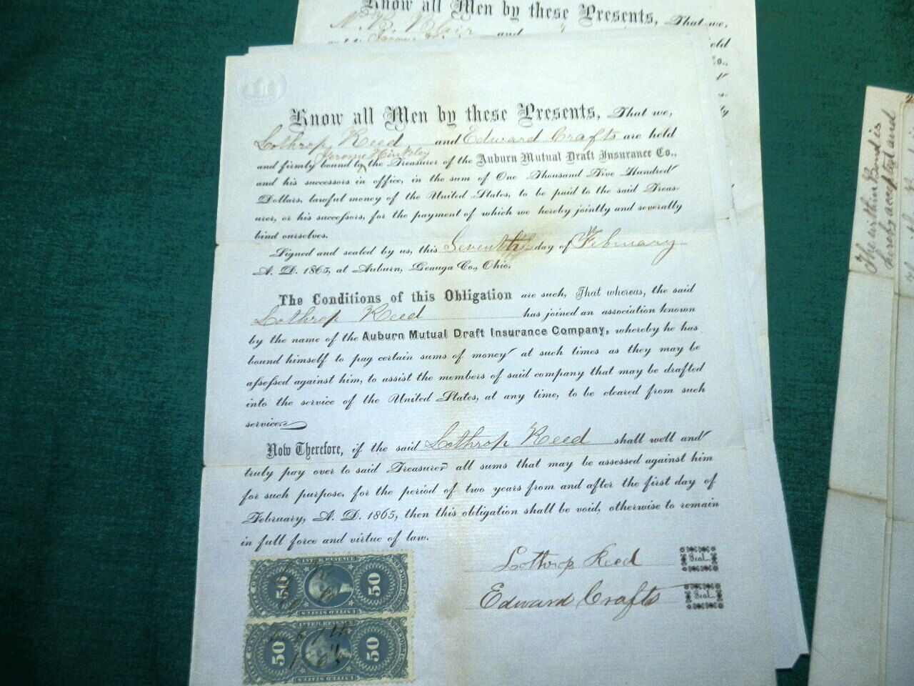 #978,Rare Seldom Seen Civil War Draft Insurance Bond 1865,OHIO w Great Revenues