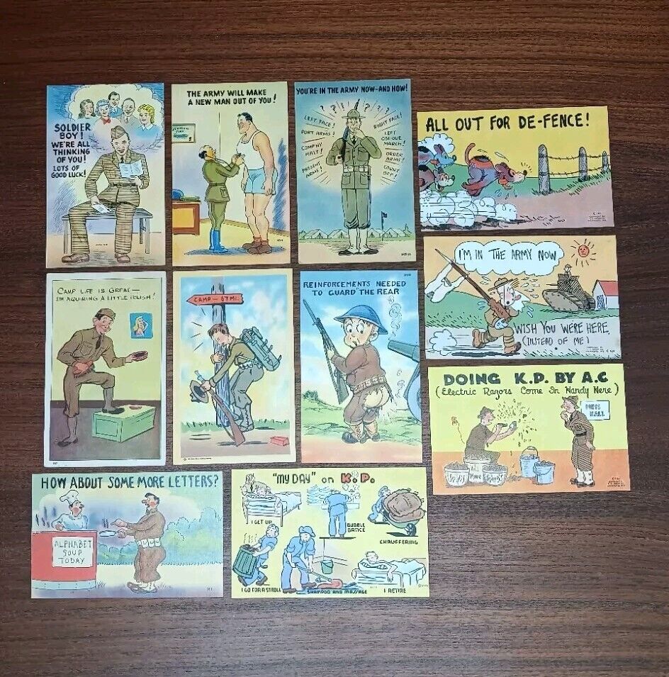 Vintage WWII Linen Postcard Lot Of 11 World War 2 US Army Comics Cartoons Unused