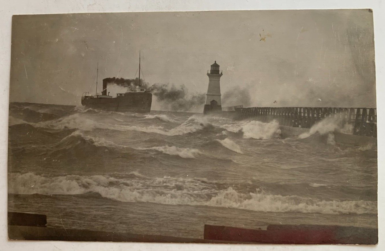 1909 NY RPPC Postcard Sodus Point Lighthouse Light Steamer Ship Lake Ontario