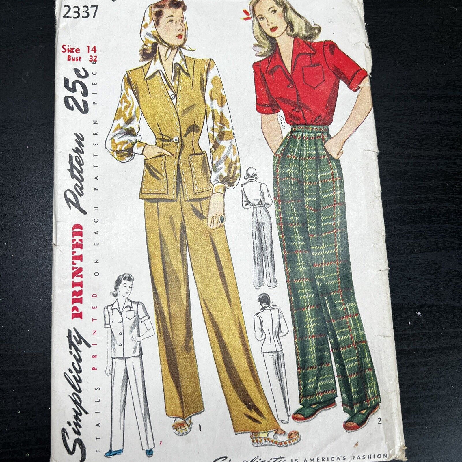 Vintage 1940s Simplicity 2377 Blouse Slacks + Jerkin Sewing Pattern 14 XS CUT
