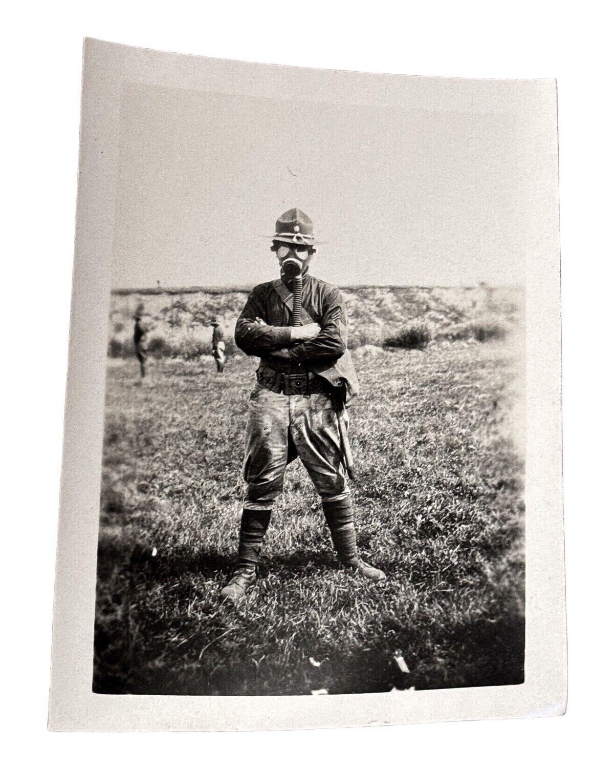 WW1 Era Photo U.S. Army Sergeant Wearing Gas Mask In Field