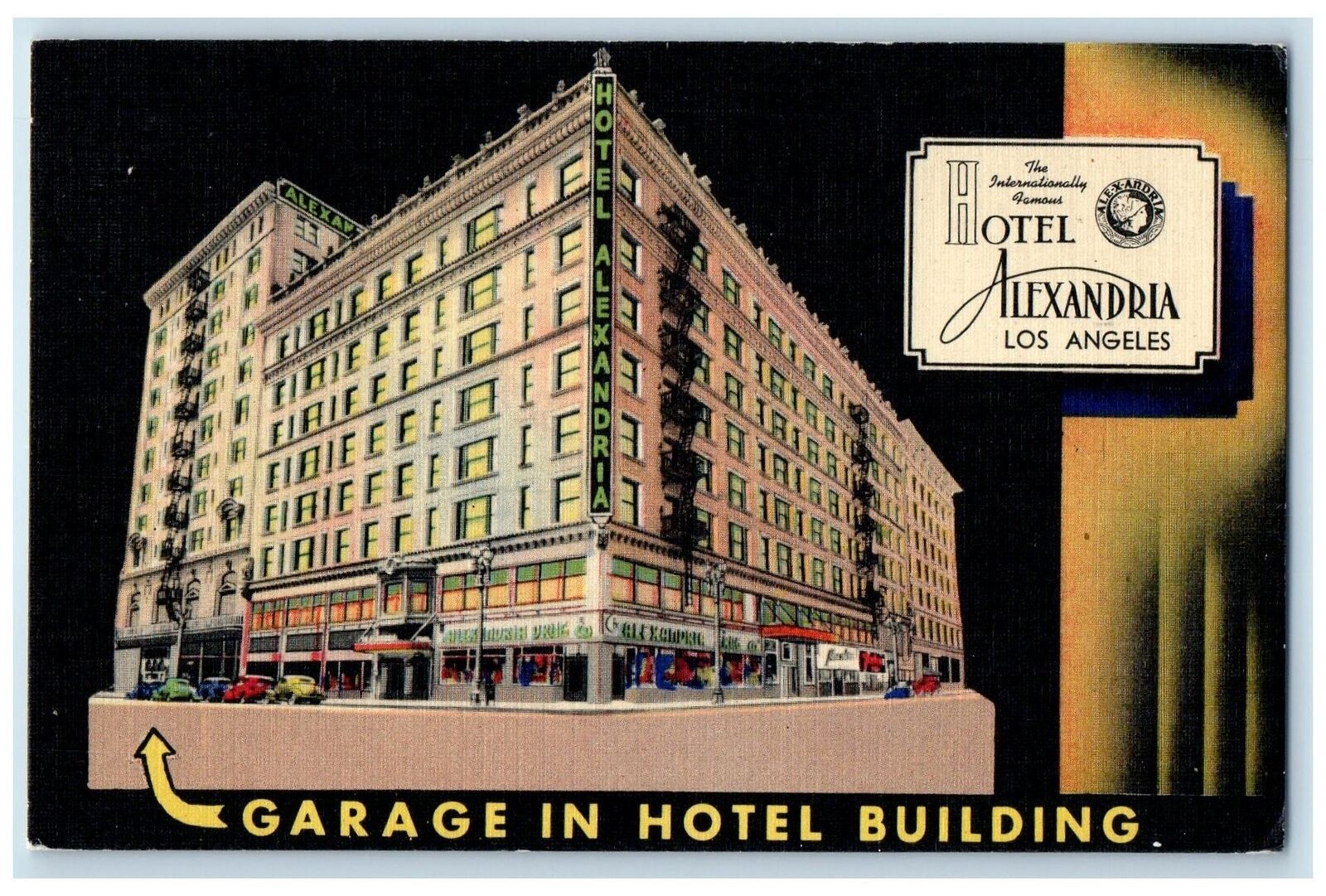 1948 Hotel Alexandria & Restaurant Building Garage View Los Angeles CA Postcard