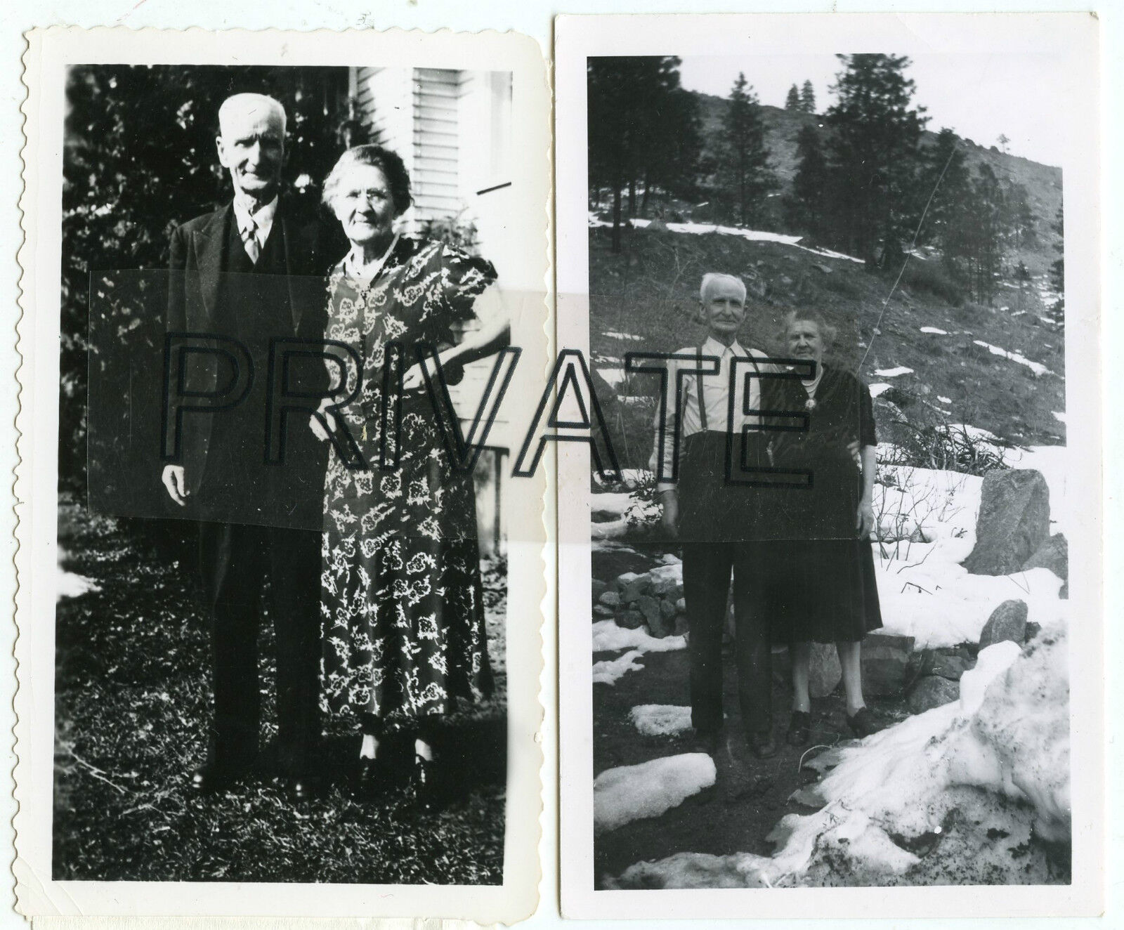 2 Antique Snap Shot Photos - BATTIE Family - Older Couple - Tom & Sophie 