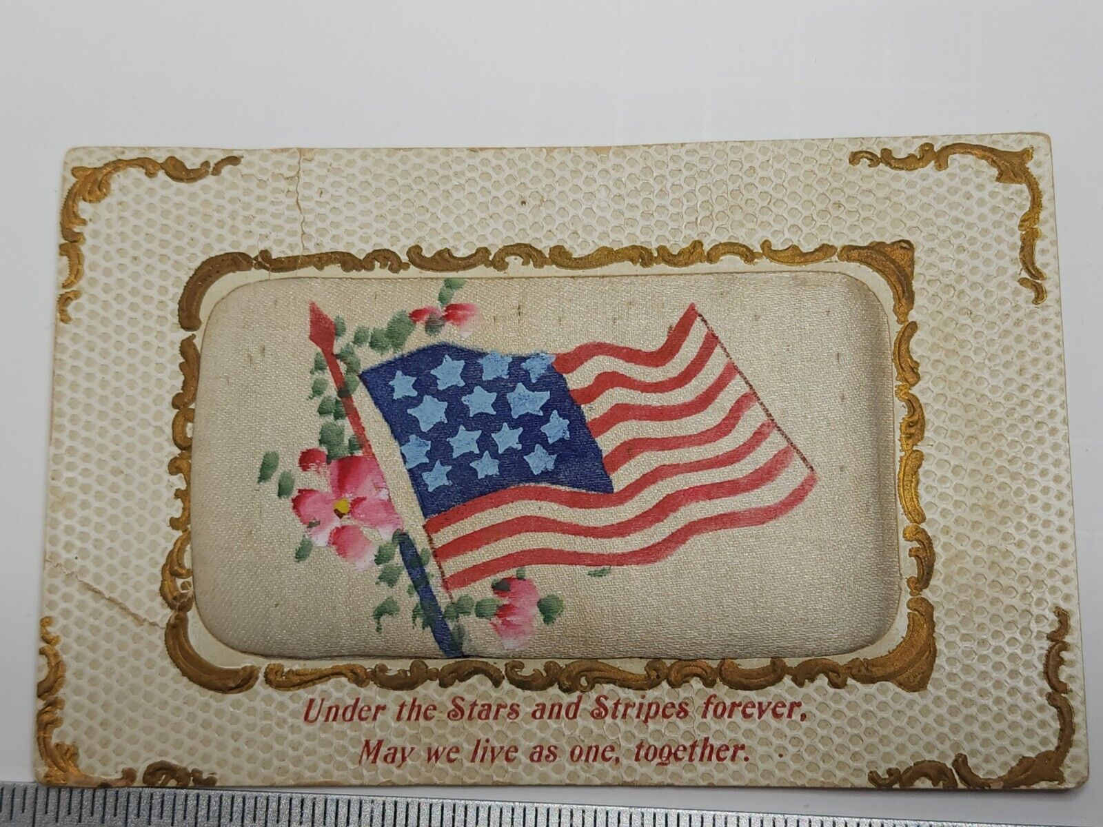 Rare 1909 Pincushion Postcard US FLAG HAND PAINTED PILLOW Unposted STARS STRIPES