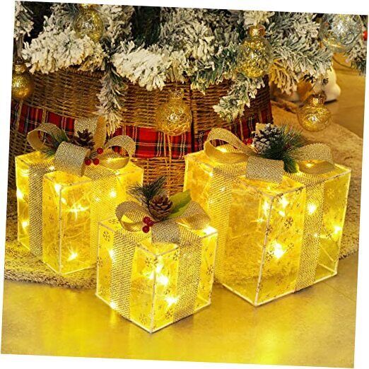 Set of 3 Christmas Lighted Gift Boxes Decorations, Pre-lit Snowflakes Present 