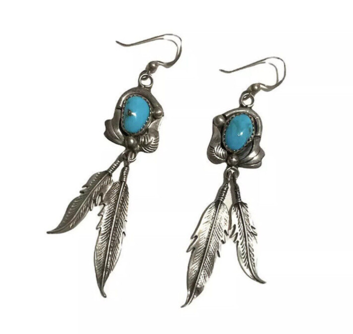 Vintage Native American Sterling Silver Turquoise Dangle Feather Earrings 3”