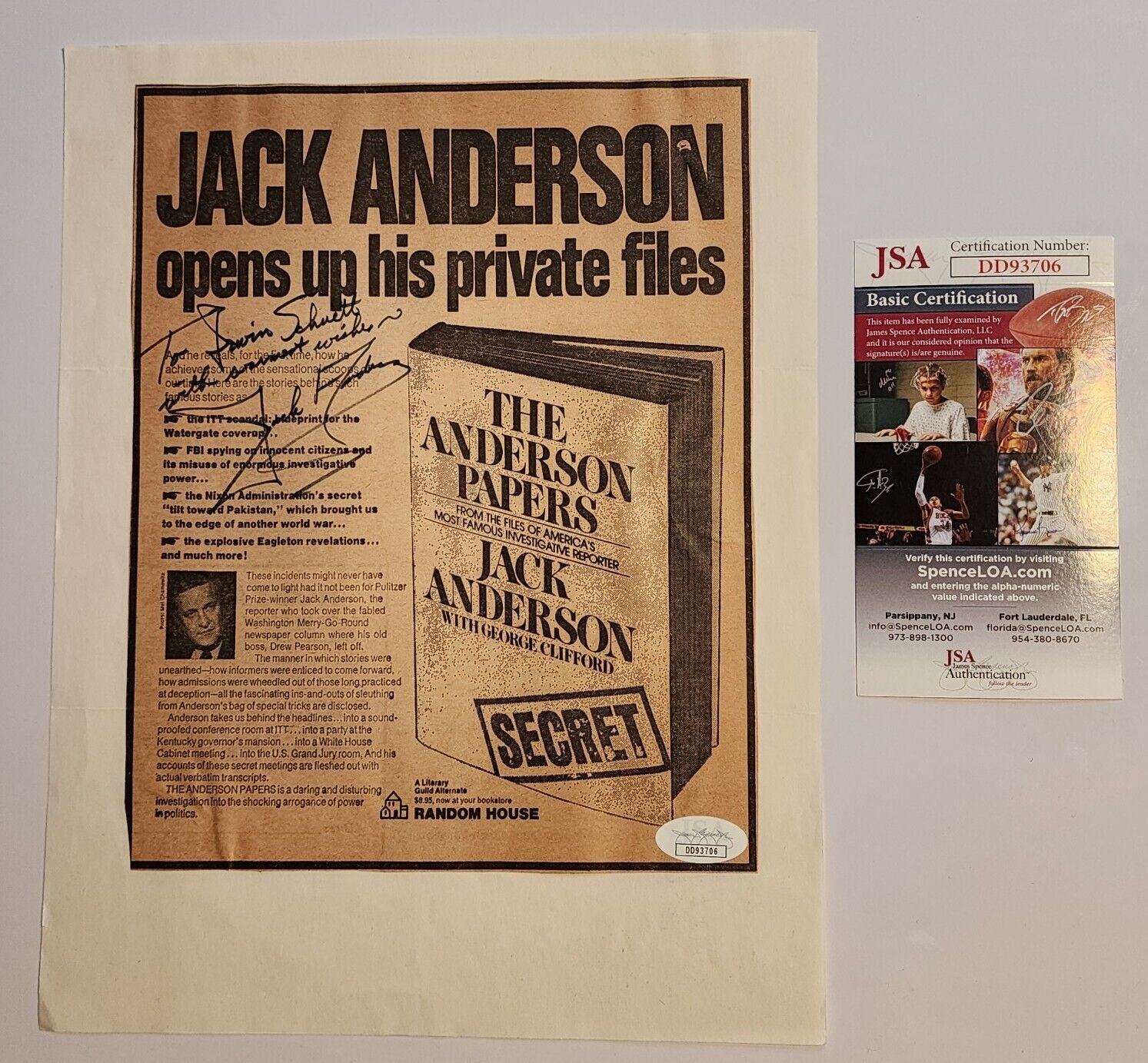 Jack Anderson Watergate Autograph JSA COA Signed Auto Richard Nixon Scandal 