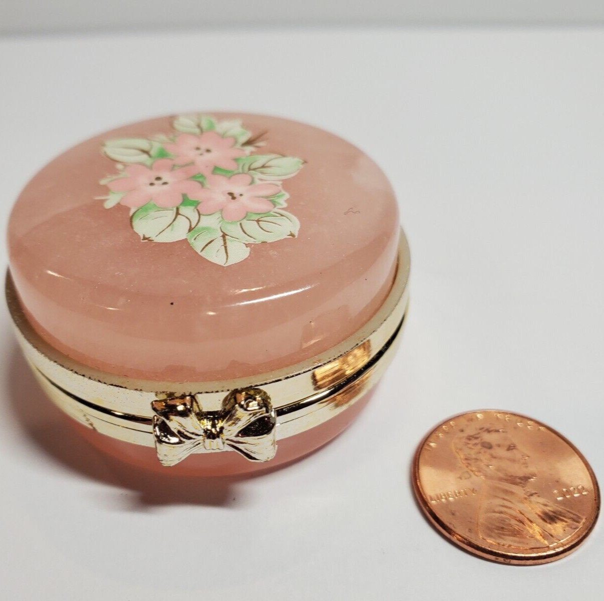 Vintage 1980s Italian GENUINE Pink Alabaster Stone Floral Jewelry Trinket Box
