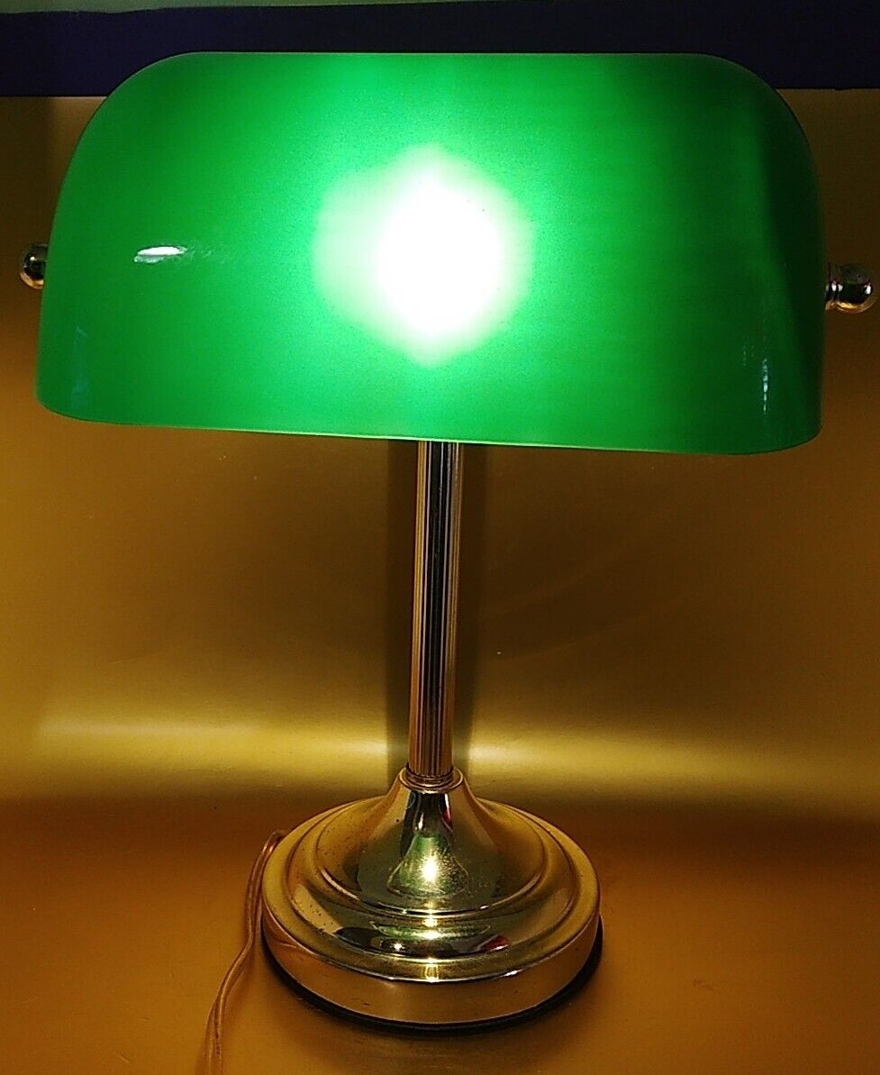 Traditional Bankers Desk Lamp With Green Plastic Shade Touch To Turn On 