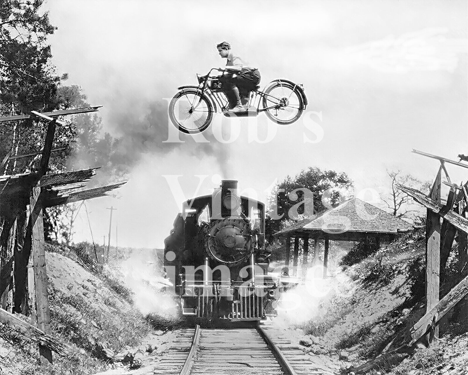Motorcycle Jumping Old Train Photo Print Dangerous Crossing Daredevil 8 X 10