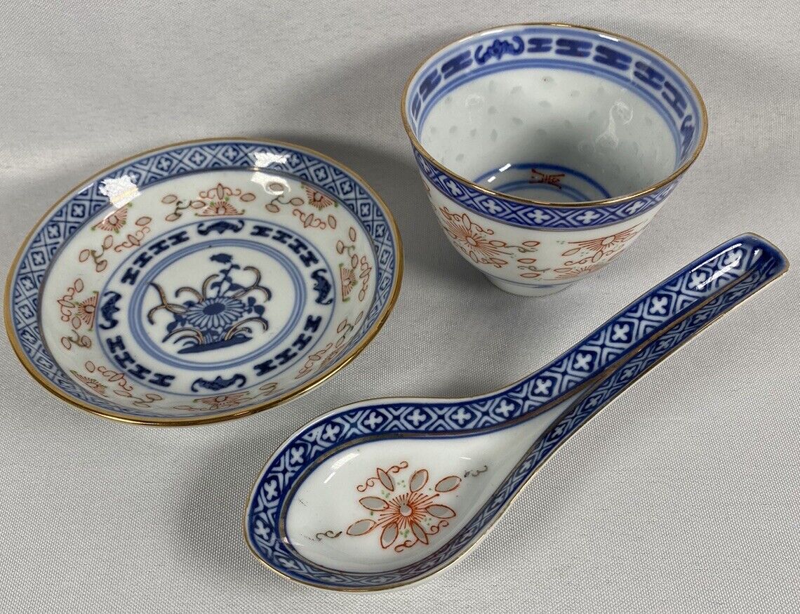 Fine Chinese Blue Gold Rice Grain Polychrome Porcelain 3 Pc Set Bowl Spoon Dish