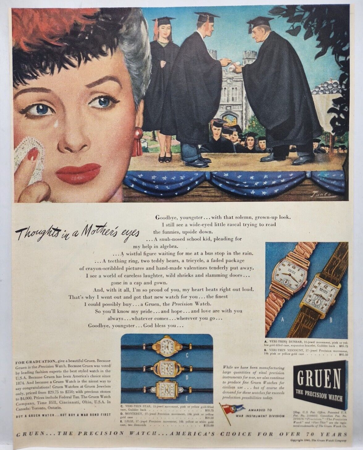 1945 Gruen Jewelers Watch Graduation Mothers Eyes Vtg Print Ad Man Cave Art Deco