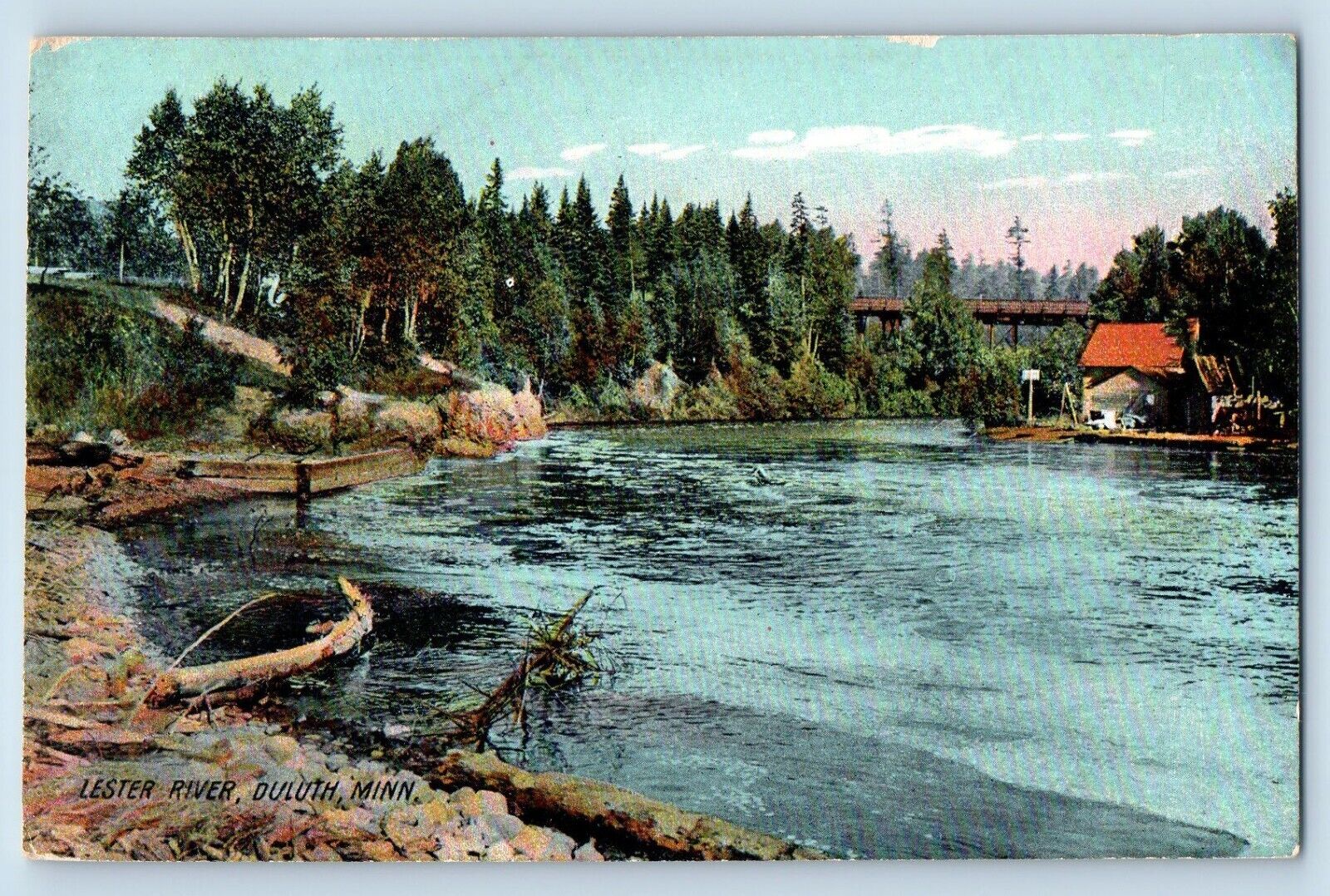 Duluth Minnesota Postcard Lester River Trees Bridge House 1905 Vintage Unposted