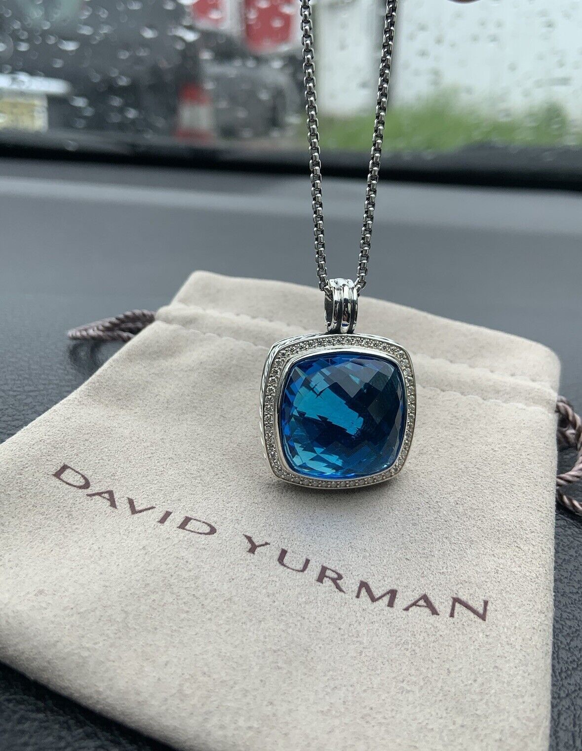 David Yurman 925 Silver 20mm Albion Pendant W/Blue Topaz & Diamonds 18” Necklace