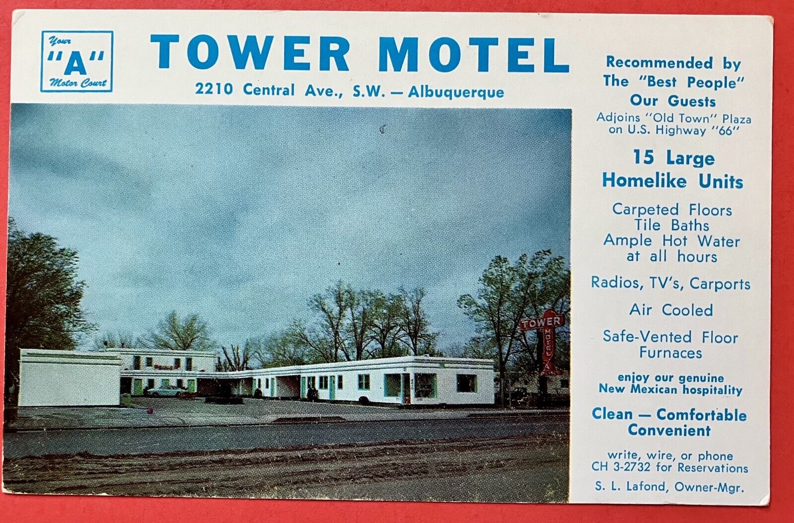 ROUTE 66~ TOWER MOTEL ~ ALBUQUERQUE, NEW MEXICO ~ chrome postcard ~ 1950s