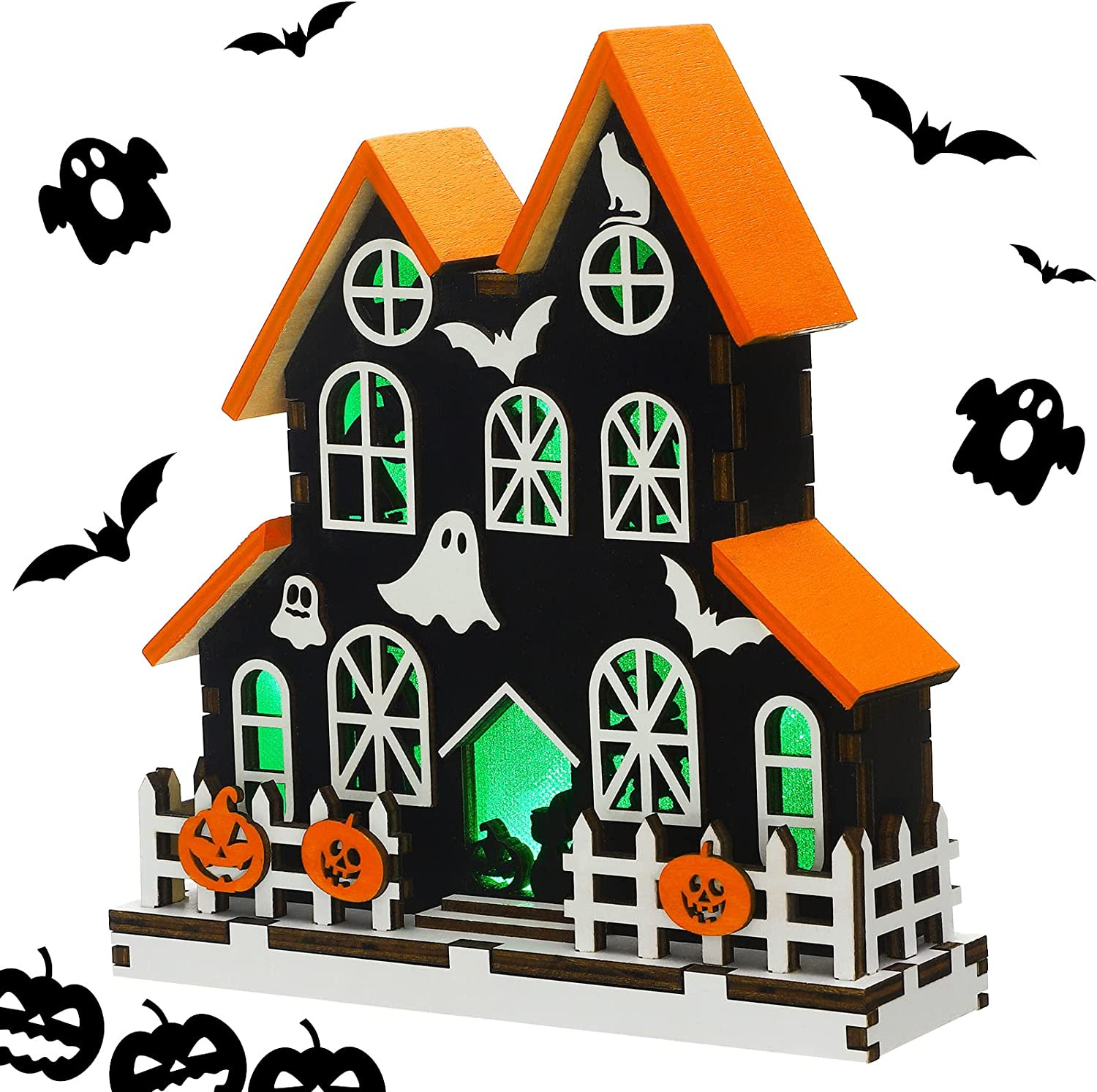Halloween Tabletop Decoration, Wooden Lighted Ghost House Pumpkin Decoration Orn