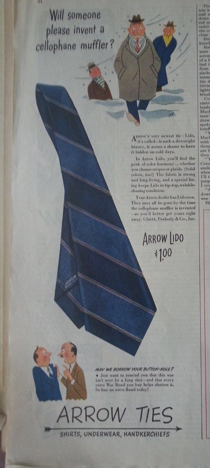 1940s Arrow Lido Mens Neckties Ties Someone Invent Cellophane Muffler Ad