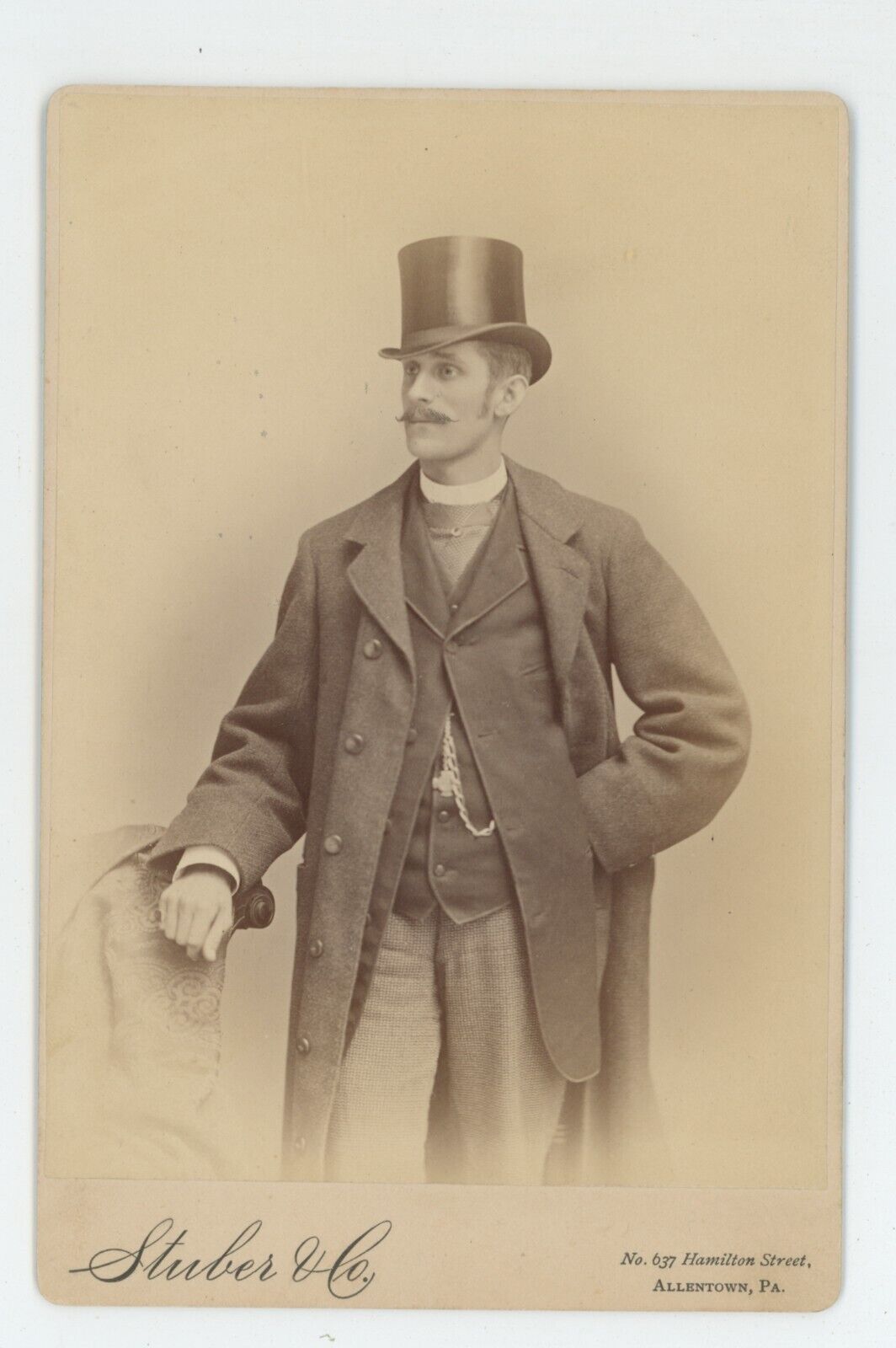 Antique c1880s Cabinet Card Handsome Man Mustache Stove Top Hat Allentown, PA