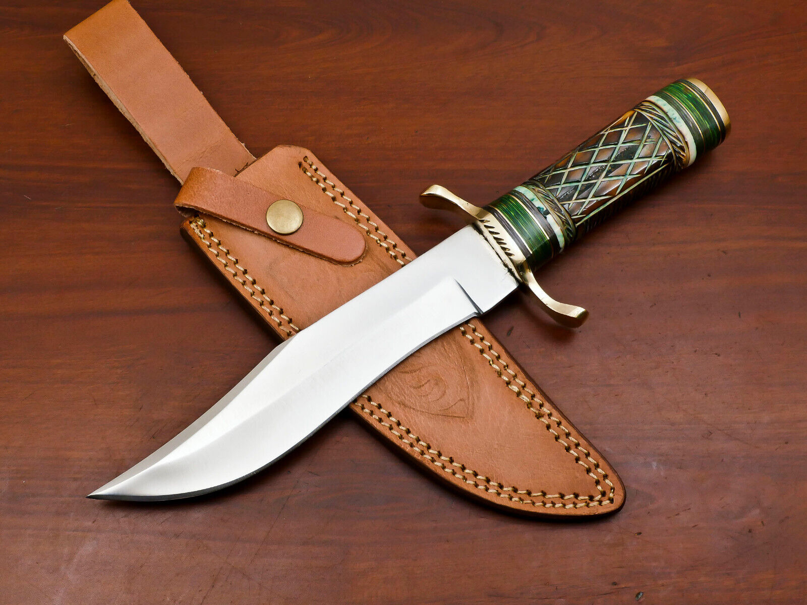 CUSTOM HAND MADE D2 BLADE STEEL BOWIE HUNTING KNIFE-ENGRAVED BONE/WOOD - HB-4054