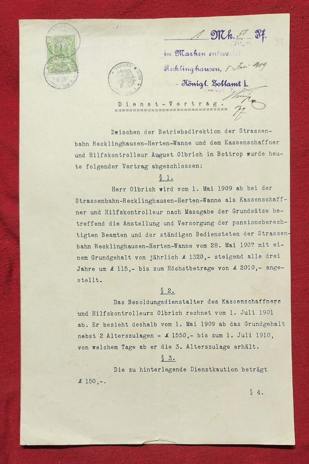 Pre WW1 WWI Imperial German paper document 1909 service contract w tax stamp