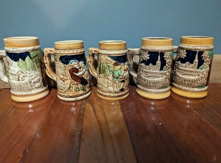 Vintage Japanese Beer Mug Steins.  Set Of 5