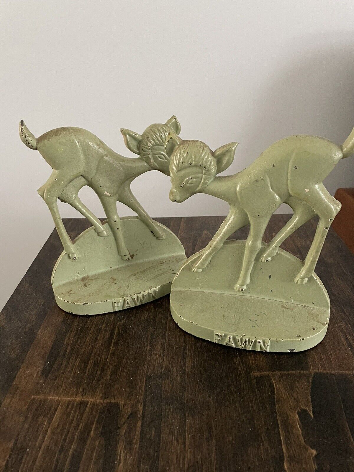 Rare Antique Light Green Fawn Bookends With To Vintage Raggedy Ann Books.