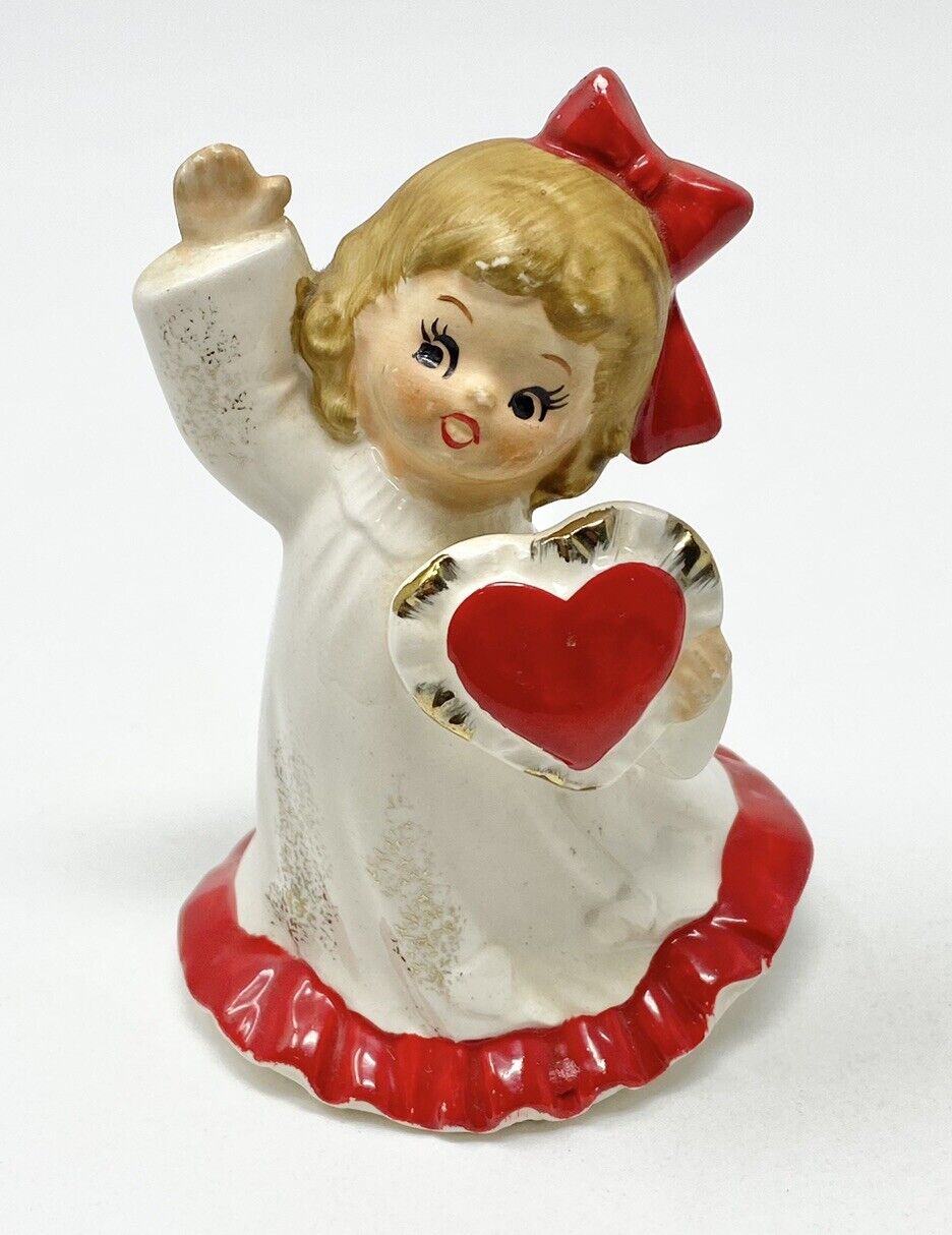 Vintage Lefton Valentine Girl 376 Heart Love Figurine Porcelain Gold Accents MCM