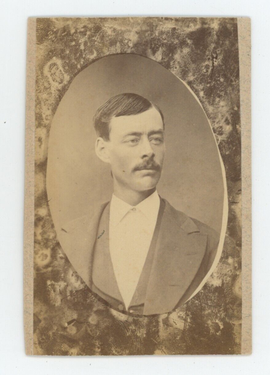 Antique CDV Circa 1870s Handsome Man in Suit With Mustache Unique Graphic Frame