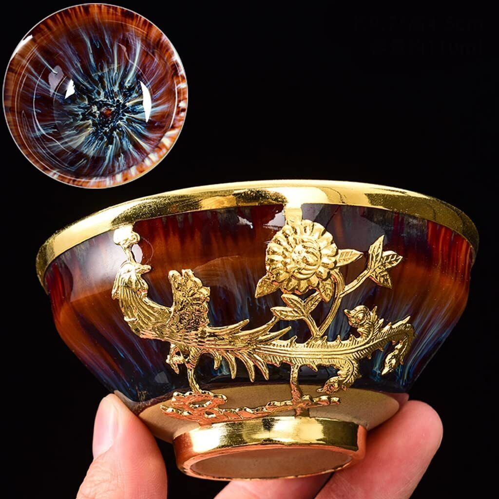 Tea Cup Tenmoku Tea Cup Hand Inlaid Gold Dragon And Phoenix Cup Kiln Transfor...