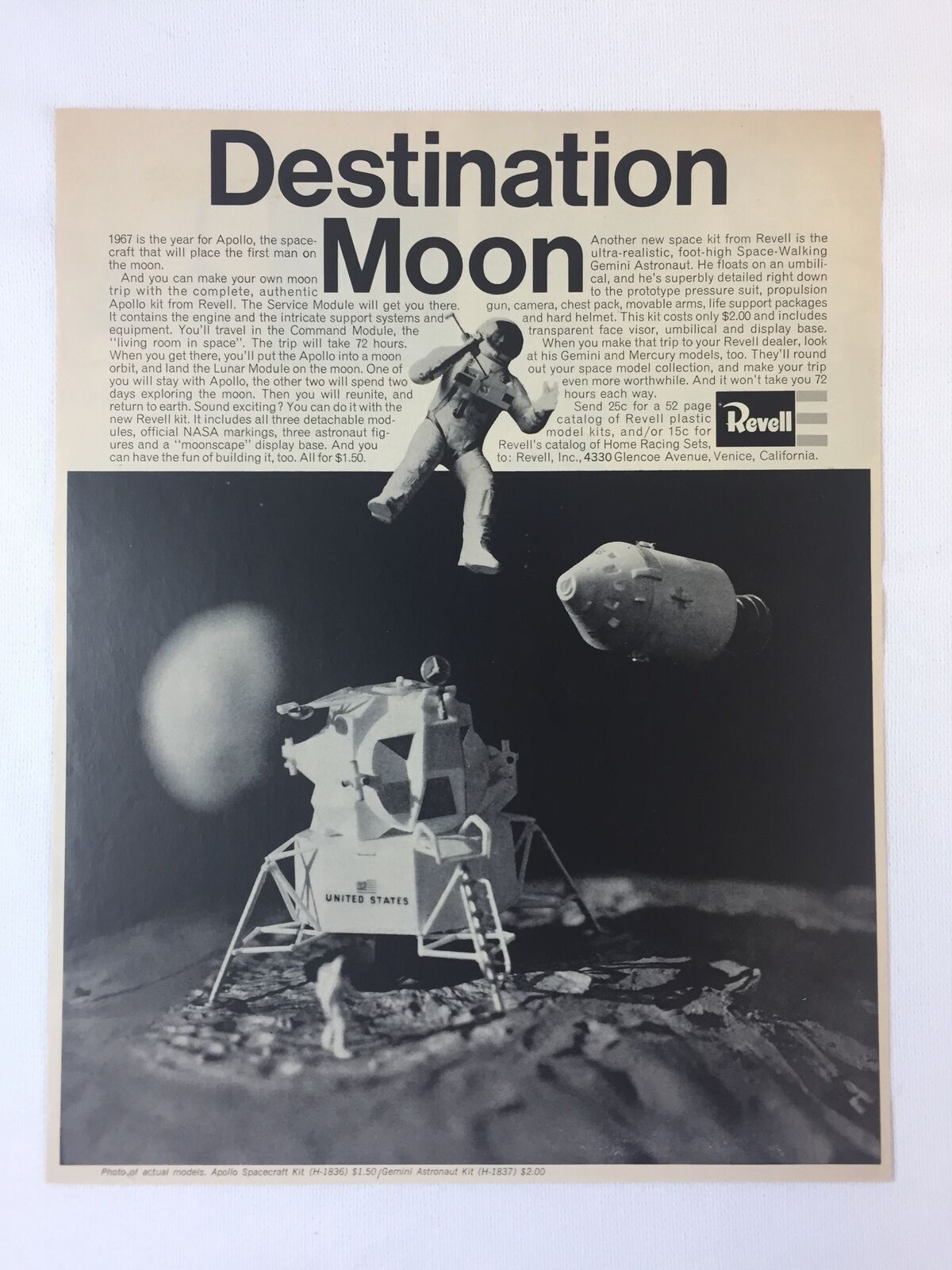 1967 Revell DESTINATION MOON model kit ad page ~ Apollo+Gemini ~ 9.5x12.5