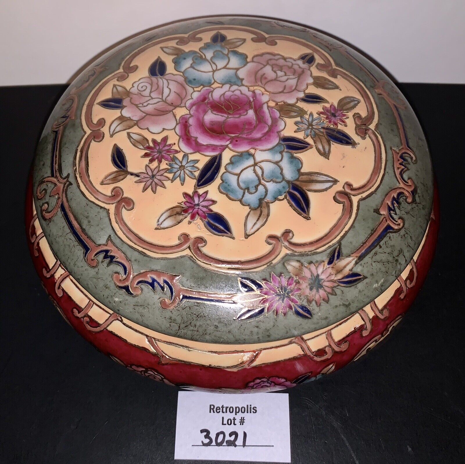 Vintage Asian Floral Hand Painted Round Large Trinket Powder Box