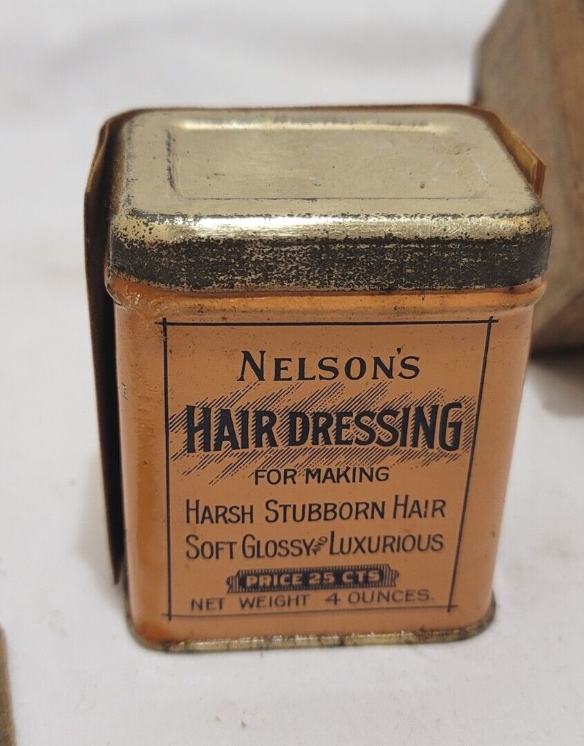 ANTIQUE NELSON\'S HAIR DRESSING TIN COLORFUL FUll CONTENTS W/ BOX & INSTRUCTIONS 