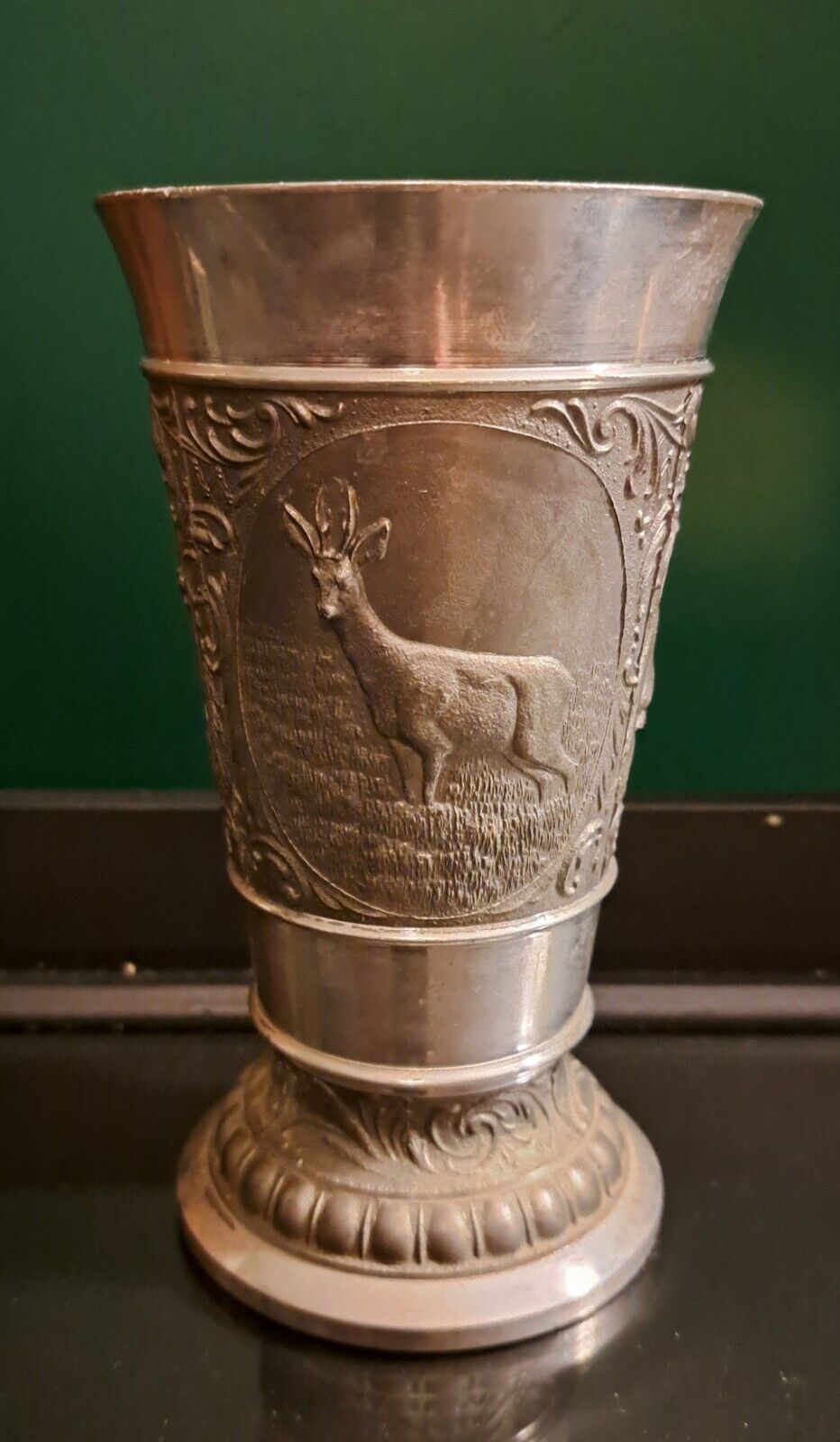 Vintage German Eduard Scholl Pewter Cup / Mug w Man Woman & Stag Deer Elk Goblet