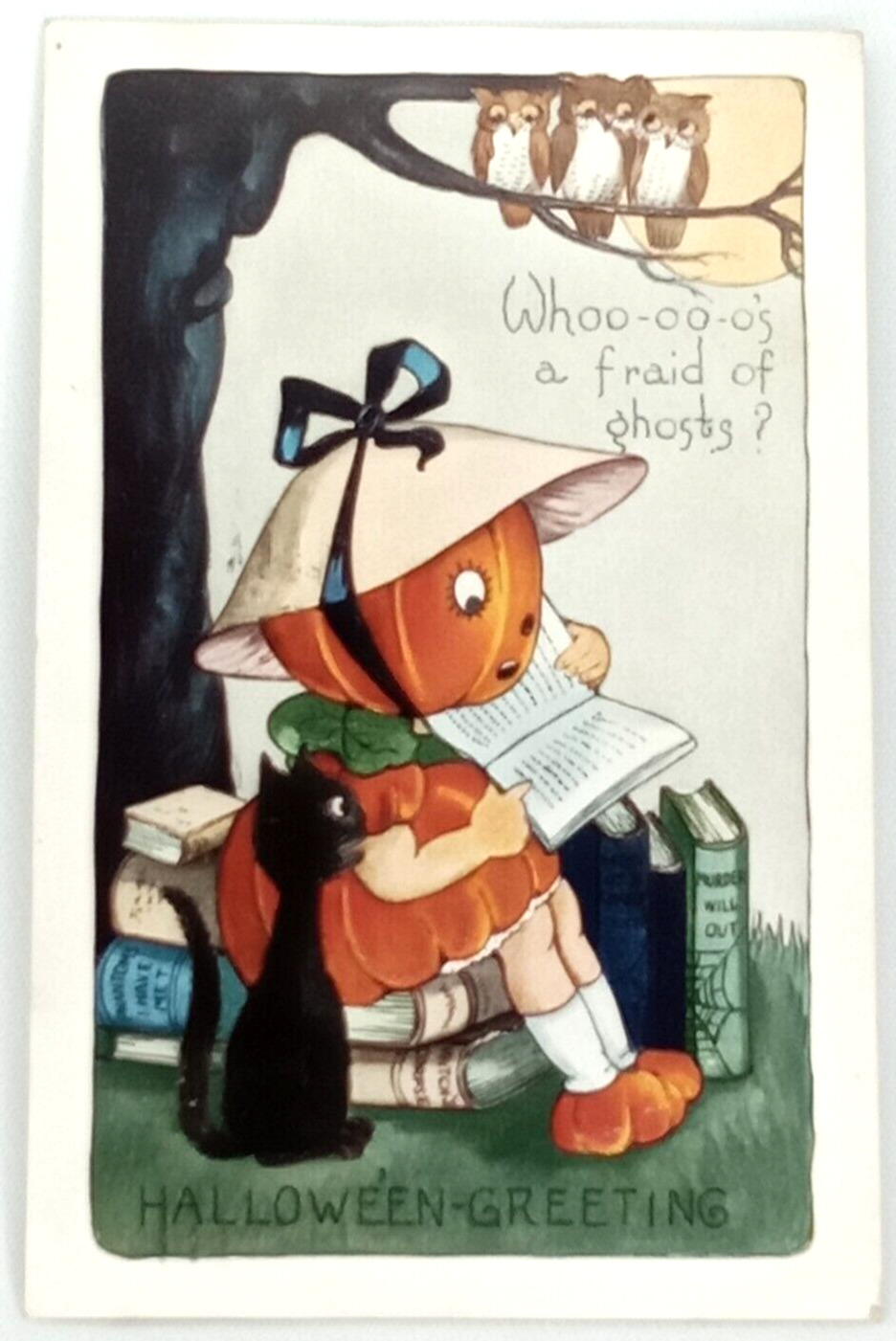 Halloween Post Card Whitney Made Anthropomorphic Pumpkin Reading Books Black Cat